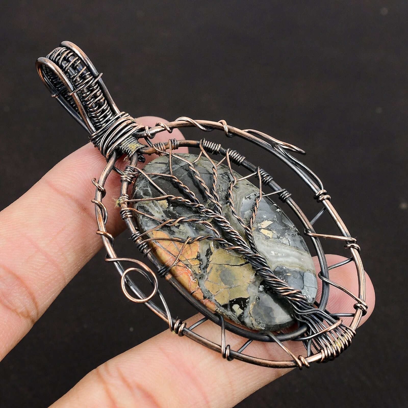 Gift For Her Maligano Jasper Wire Wrapped Tree Of Life Pendant Copper 3.35″