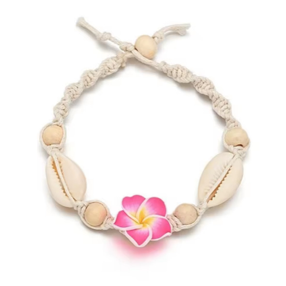 Hibiscus Anklet Seashell Ankle Bracelet Macrame Pink Beach Flower Hawaiian Surf