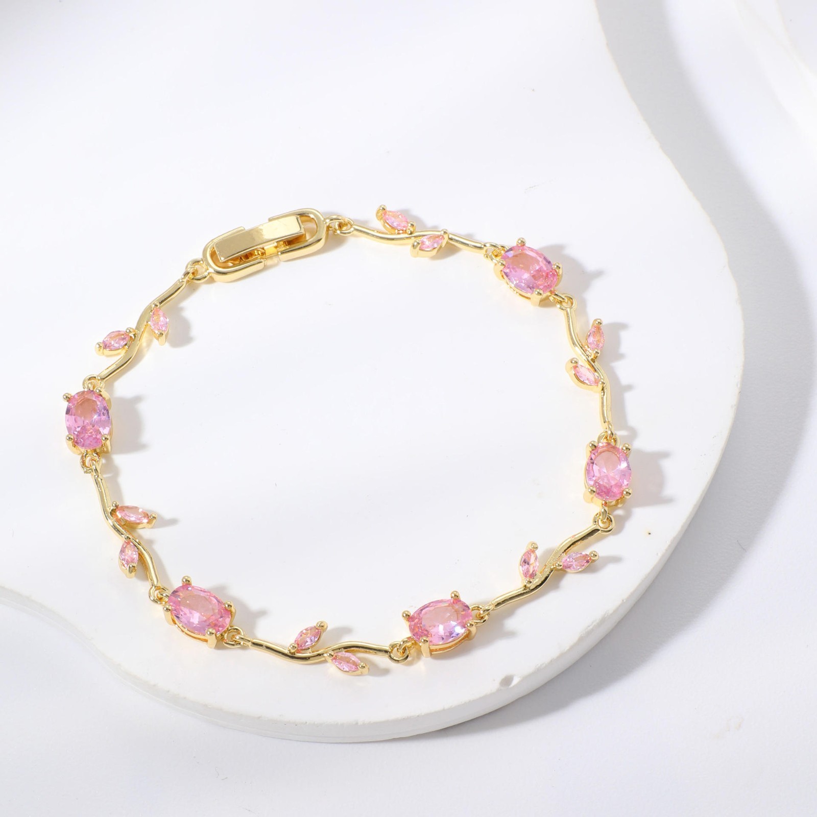 Oval Cut Pink Sapphire Gold Plated Bracelet Leaf Vine Chain Elegant Women’s Gift
