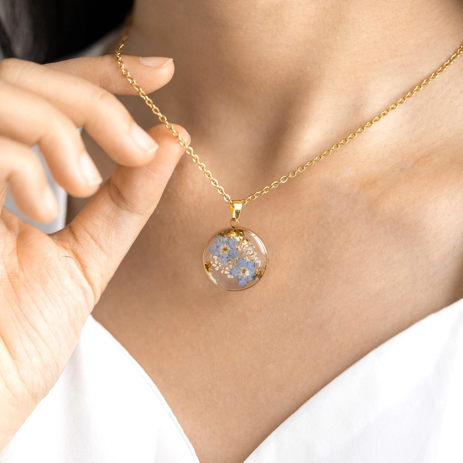 **Forget Me Not Pressed Real Flower Resin Pendant Memorial Gift for Her**