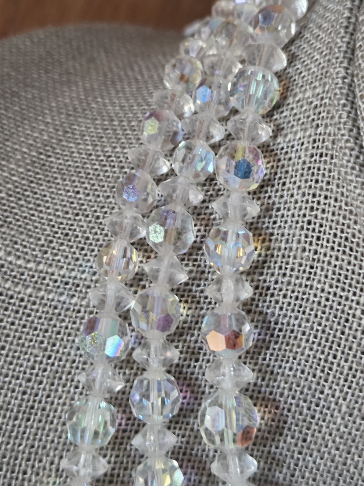 Vtg Multi Strand Aurora Borealis Necklace Faceted 15 In Crystal Flower Clasp AB