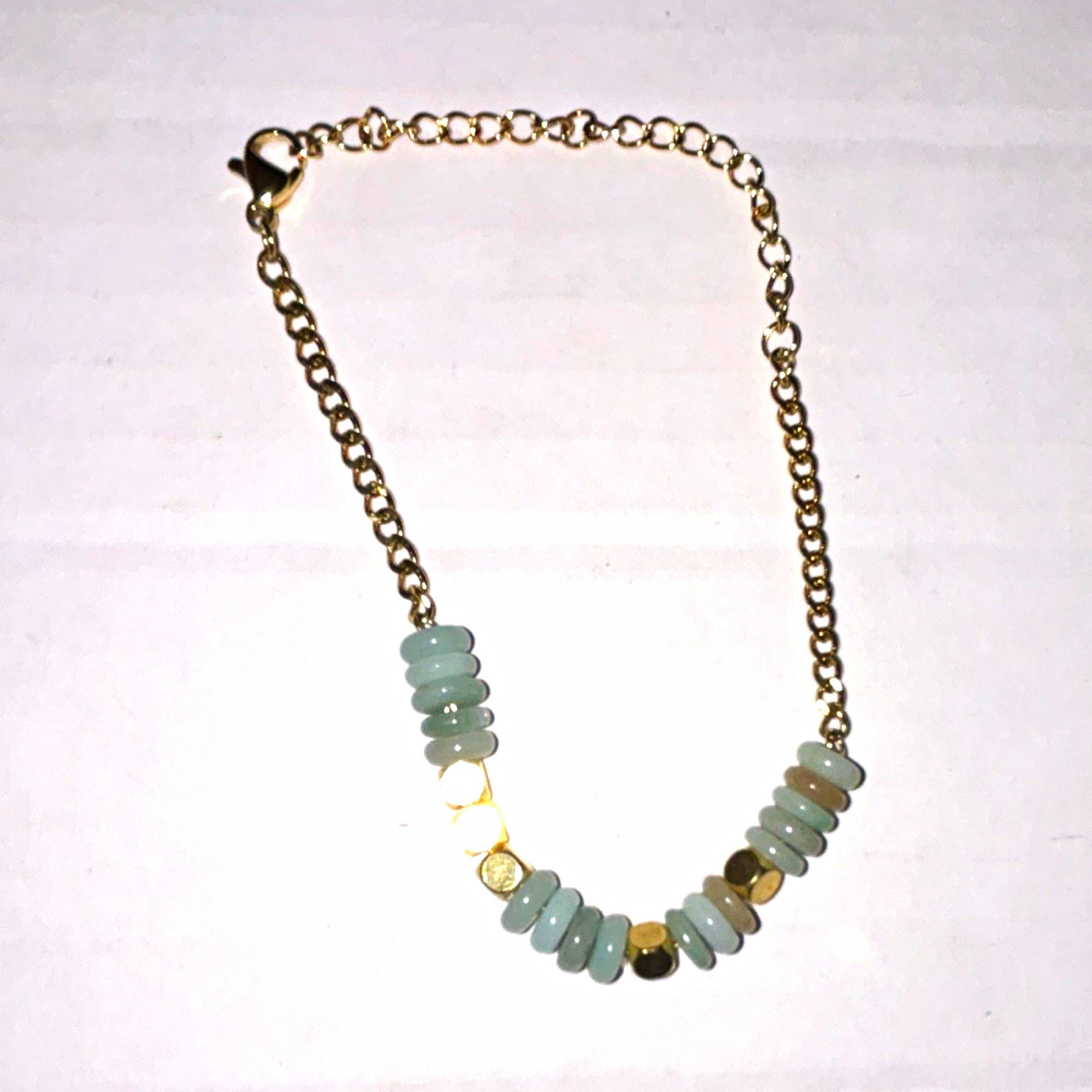 Gold Tone Cable Chain Beaded Bracelet Light Blue Beads Lobster Clasp Adjustable