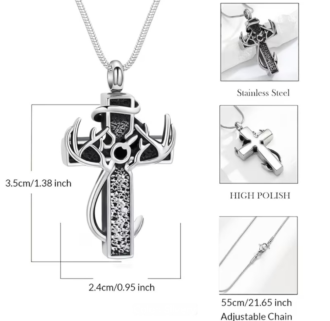 Cremation Jewelry Cylinder Urn Cross Stainless Necklace Pendant for Ashes Hunter