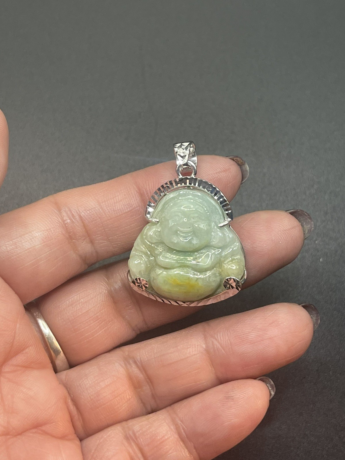 Maitreya Laughing Buddha 100% Natural Jade with Silver . Hand sculpted.No Dyed.