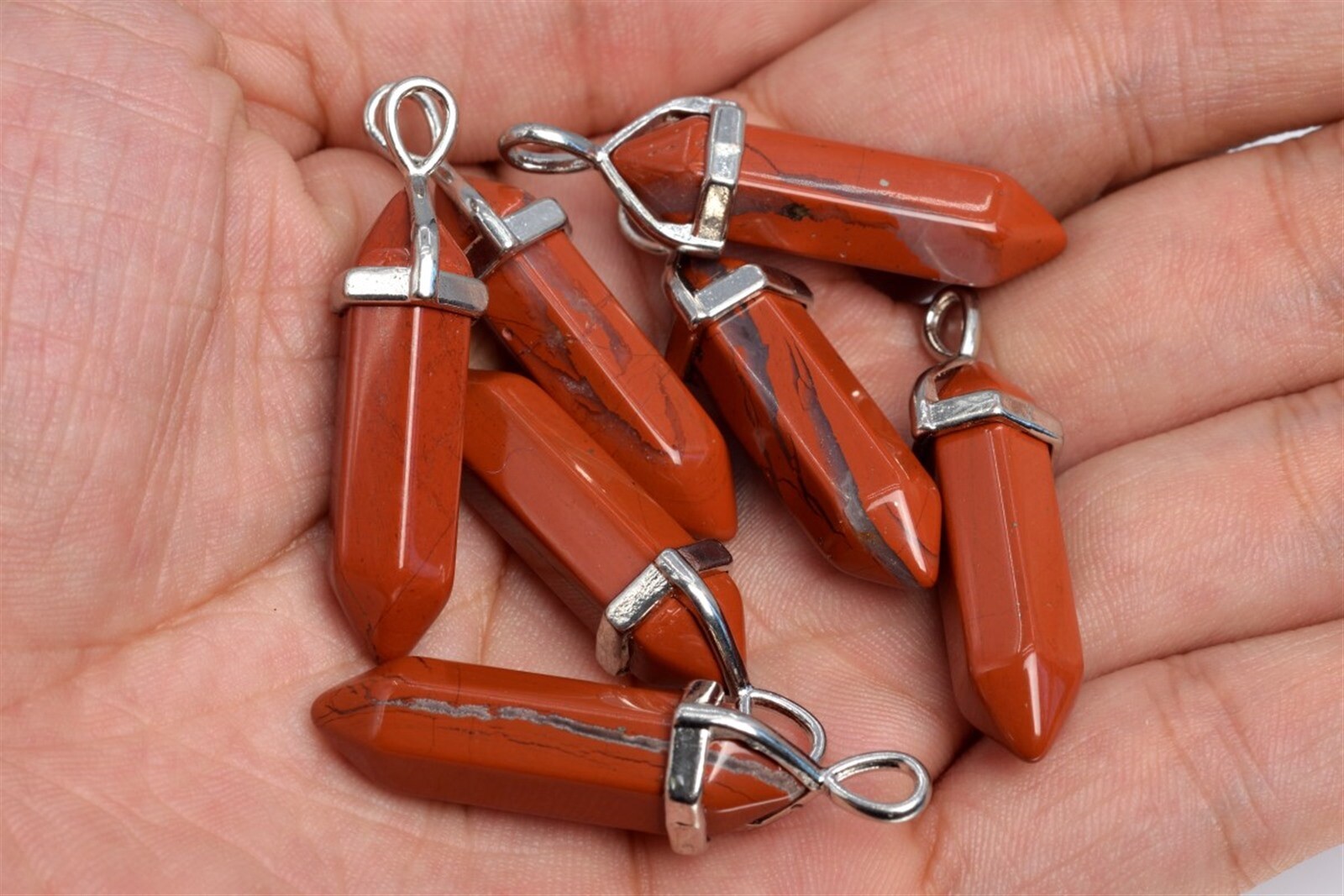 2 Pcs 40x8MM Red Jasper Beads Hexagonal Pointed Pendant AAA Silver Plated Cap