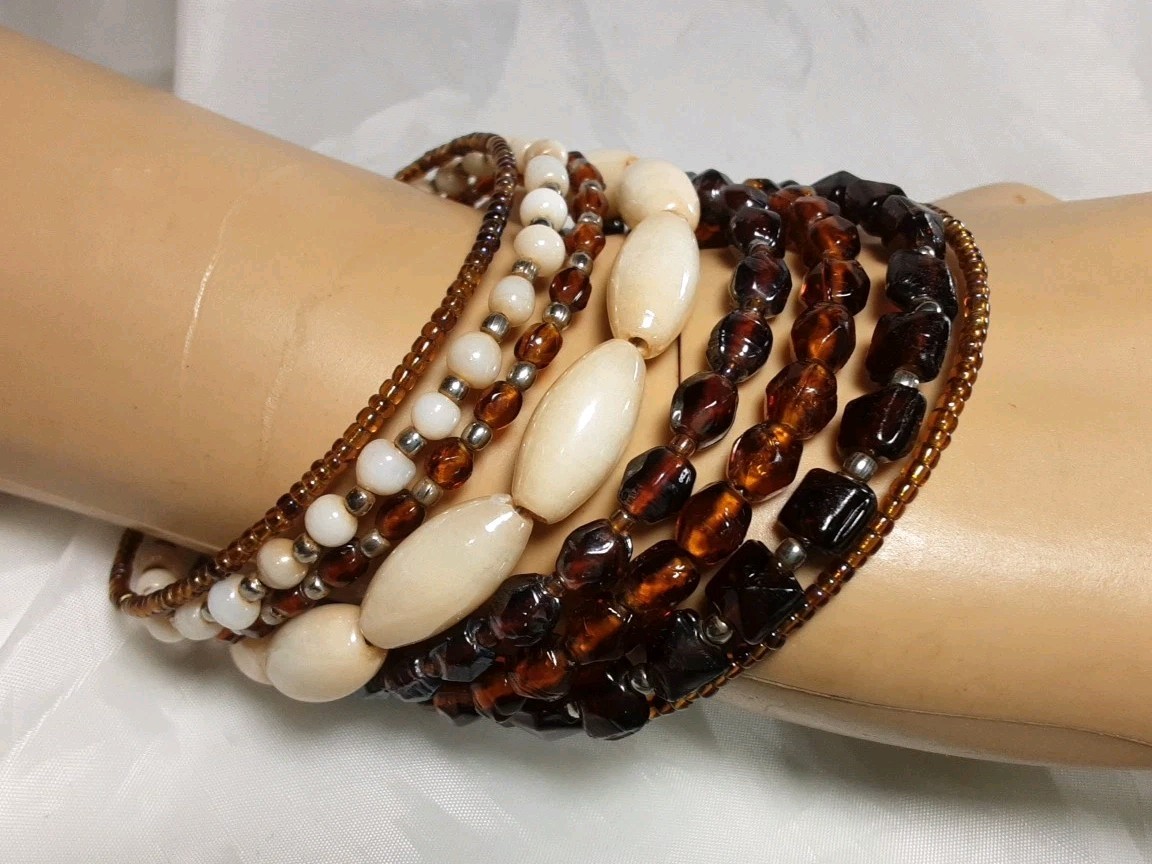 Bracelet Brown Beige Wrap Coil Multi Colors Different Kind Of Beads Wide 1.5″