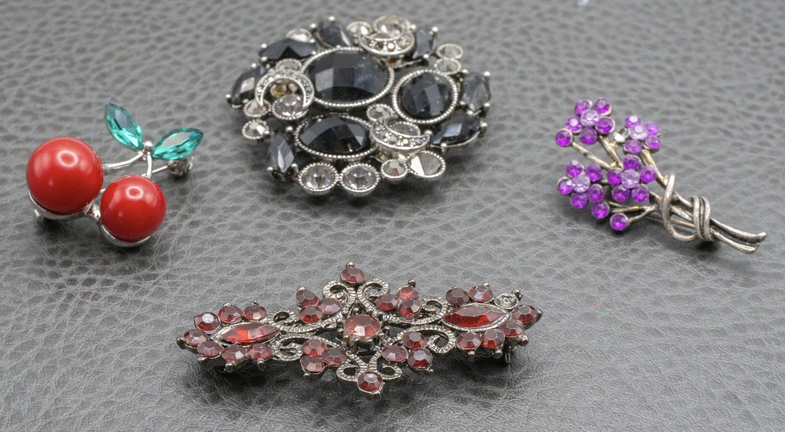 Lot Of 4 Vintage To Modern Black Purple Red Rhinestone Silver Tone Brooch Pins