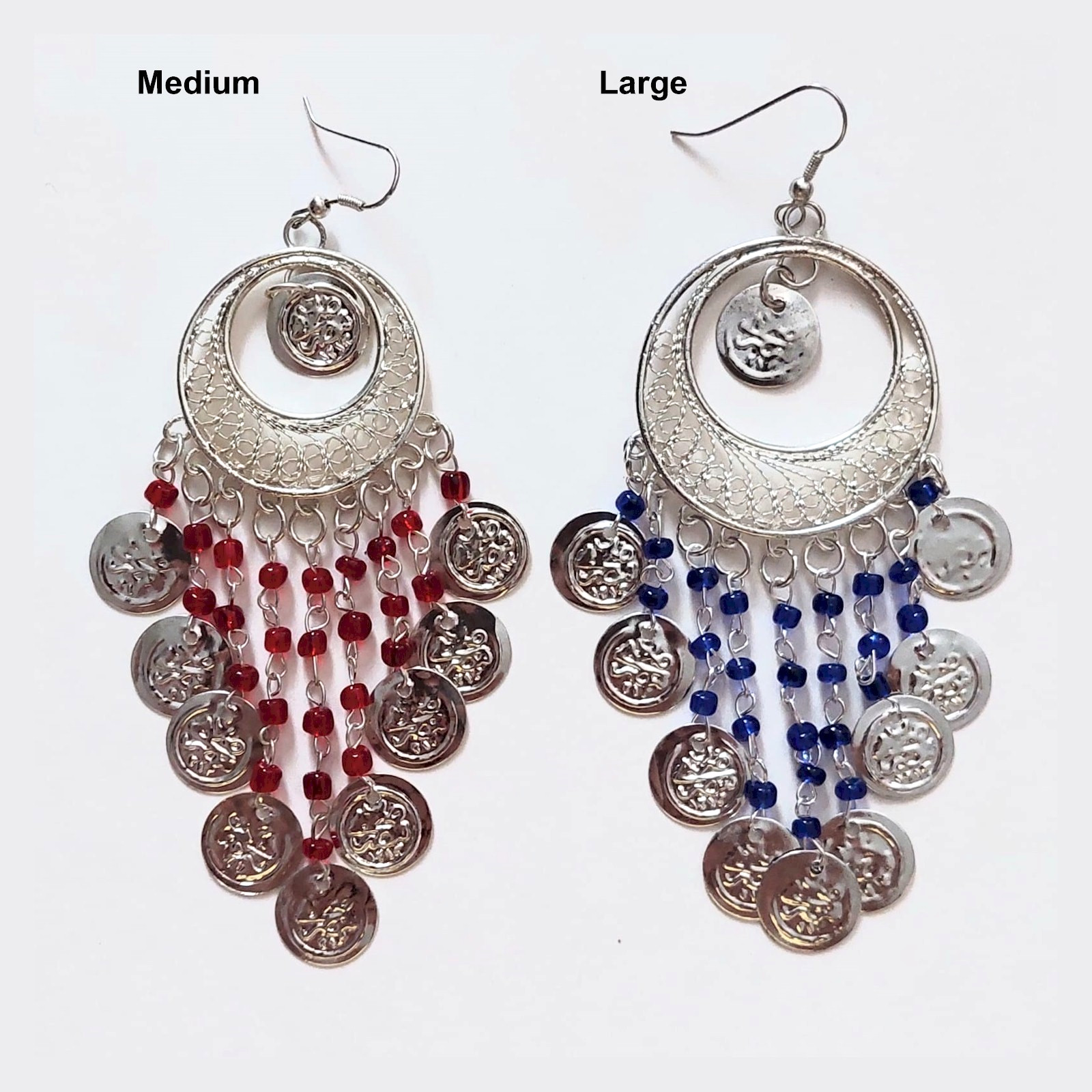 NEW Antique Style Handmade Pair of Silver Gypsy Beaded Dangle Earrings w/Coins
