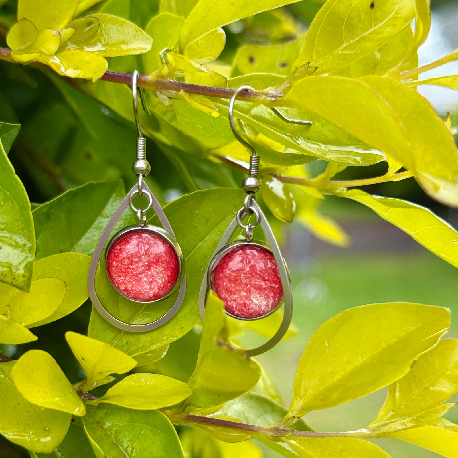 Dangle Earrings Handmade “Sparkly Red Teardrop” Sterling Silver French Earwires