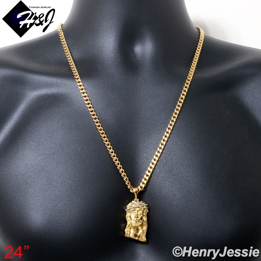 24″MEN Stainless Steel 5mm Gold Plated Cuban Necklace ICY CZ Jesus Pendant*GP133