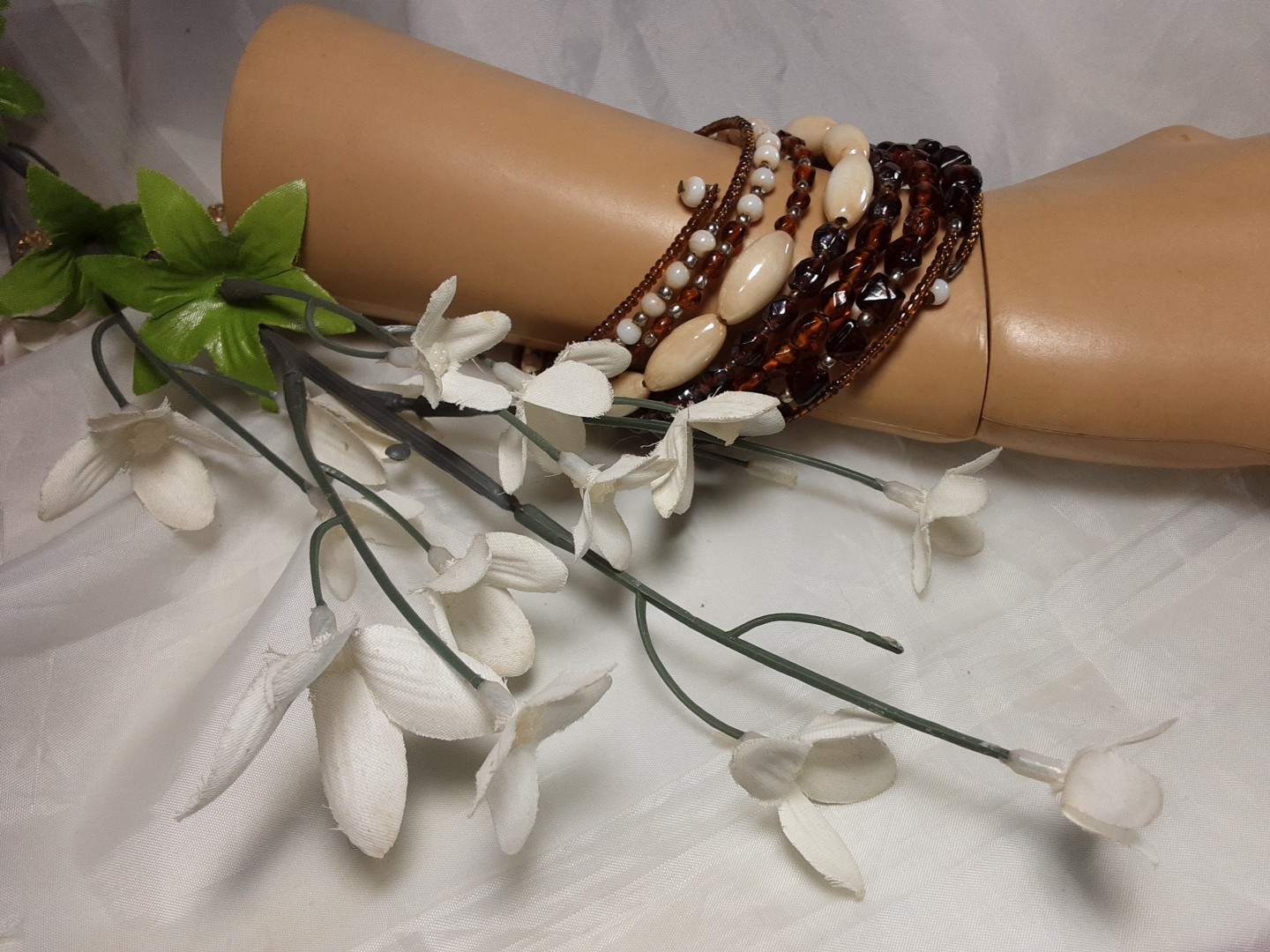 Bracelet Brown Beige Wrap Coil Multi Colors Different Kind Of Beads Wide 1.5″