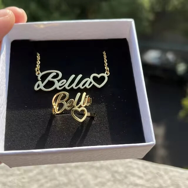 Customized Name Jewelry Set Necklace Ring Heart Gold Silver Stainless Steel Gift