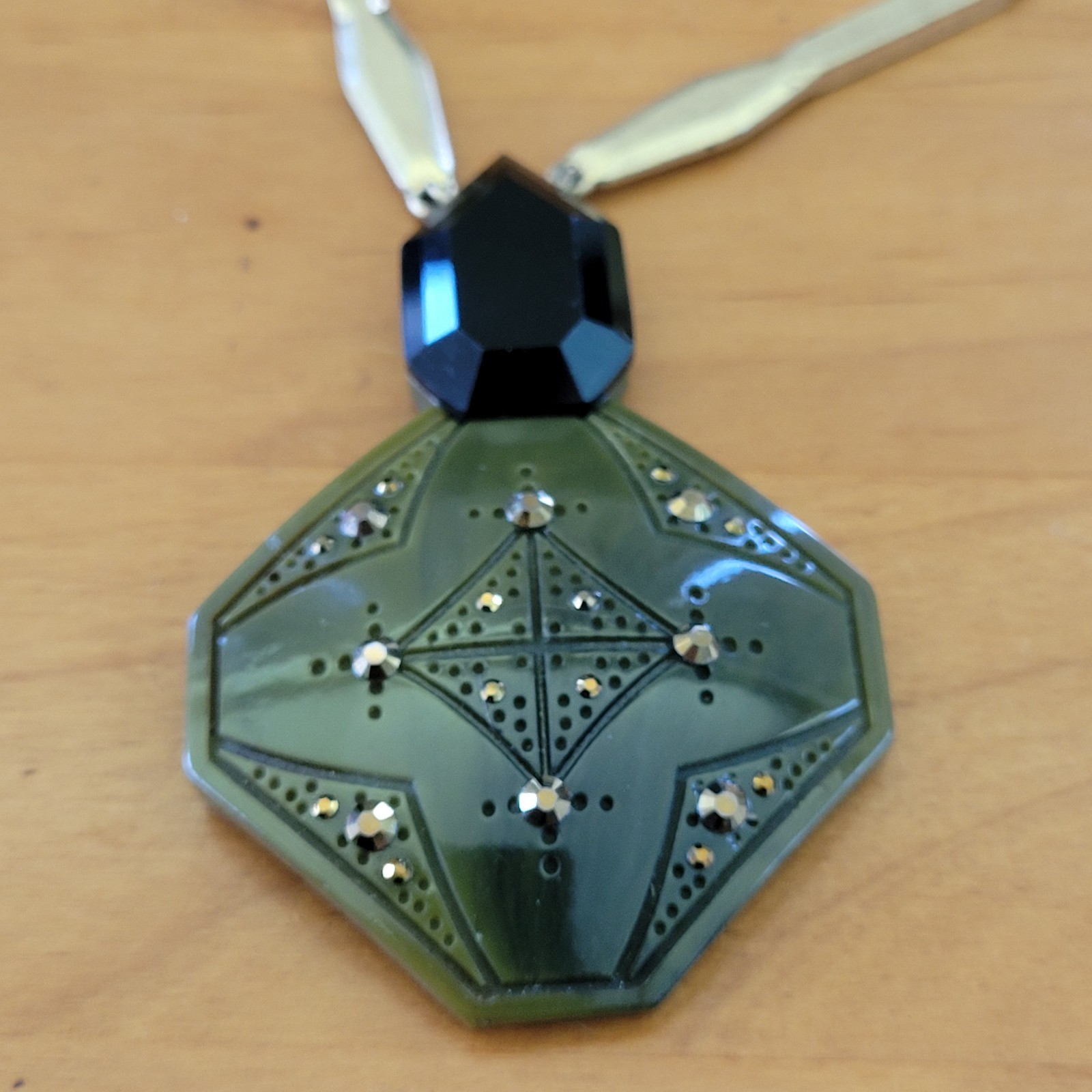 Lulu Frost For J Crew Olive Green Perfume Bottle Necklace Gold Tone