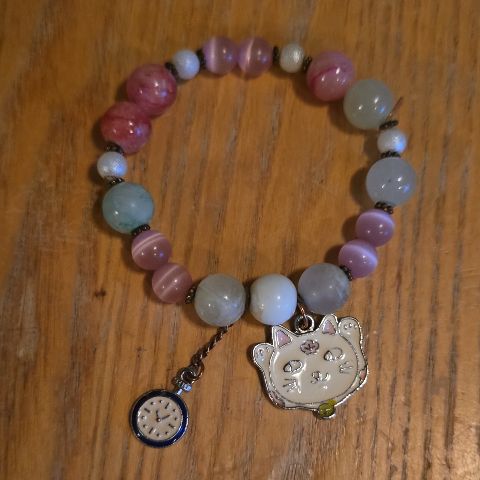 Signed Multicolor Beaded Charm Bracelet Pink & Blue Beads Cat Face Clock Dangle