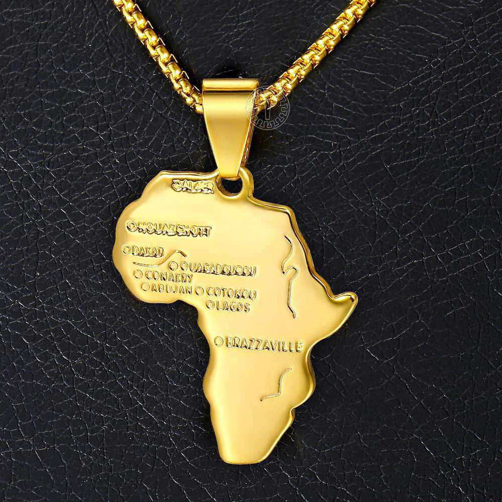 Gold Plated Stainless Steel Africa Continent Map Pendant Necklace Box Link Chain