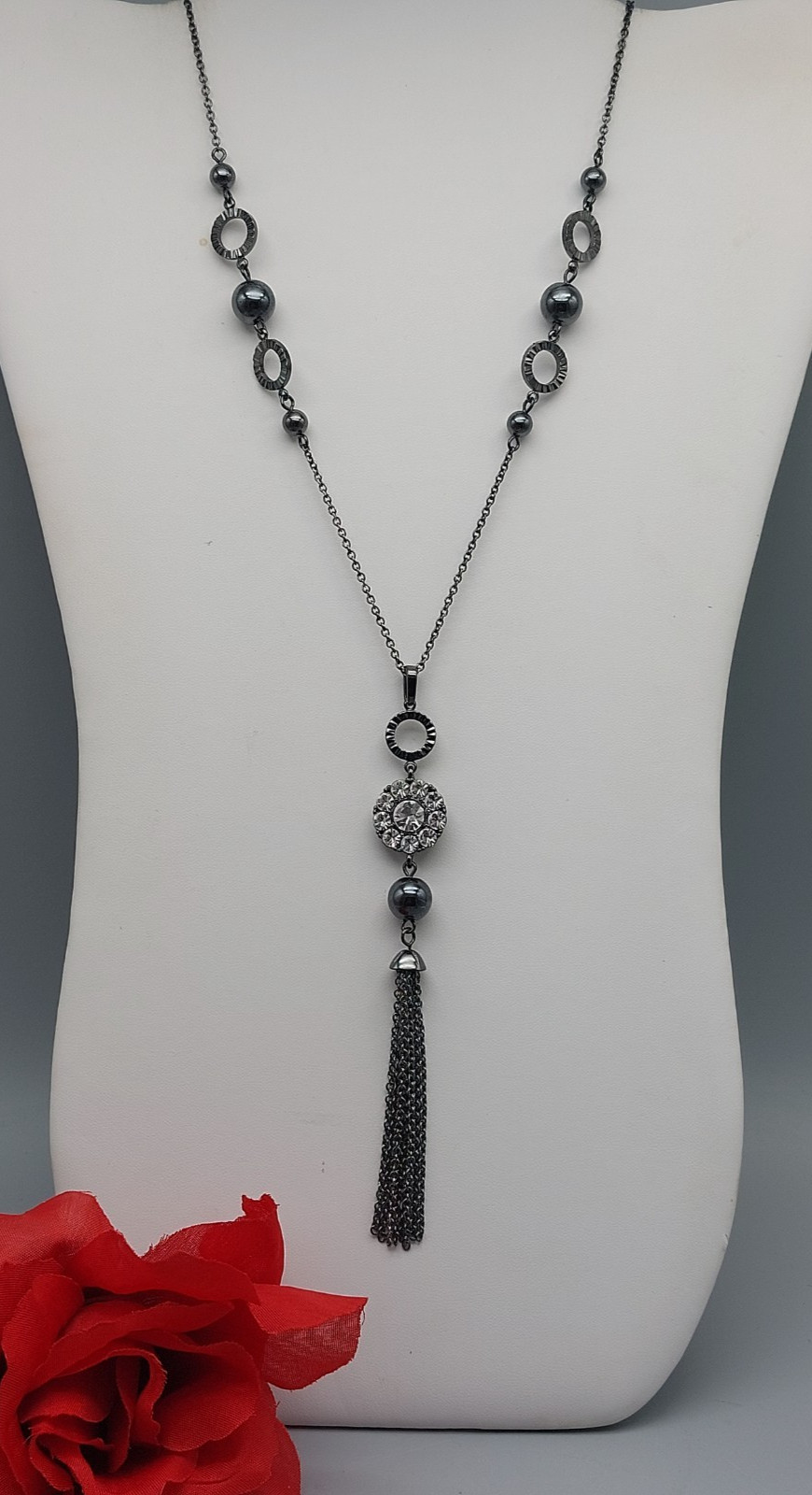 Signed lea sophia Necklace Gun Metal Balls Rhinestone Pendant and Tassel 30″