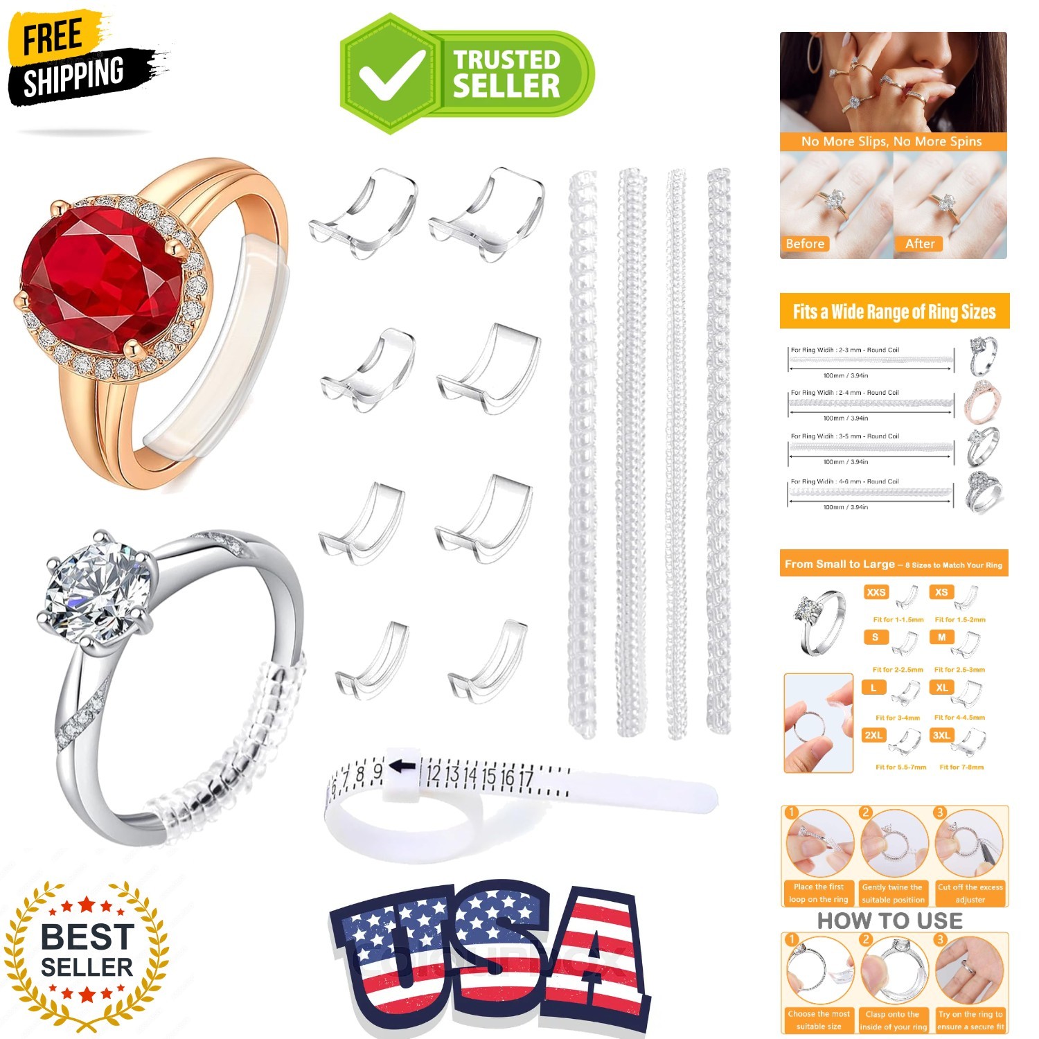 Ring Sizers for Loose Rings, 12 Packs Ring Guards & 1 Ring Sizer Belt, Ring Size