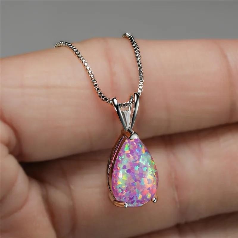 White Opal Stone Pendant Minimalist Droplet Fire Opal Necklace Sterling Silver