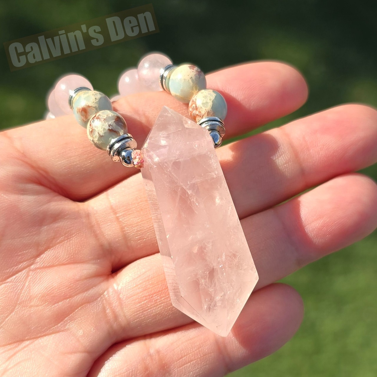 Rose Quartz Impression Jasper Bead Necklace + Rose Quartz Crystal Point Pendant
