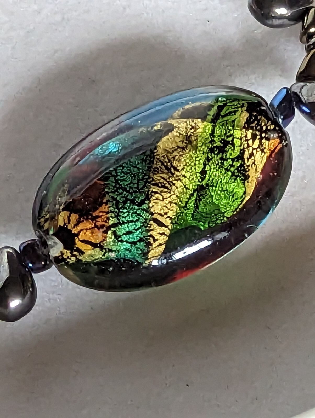Designer Necklace Hematite Beaded with Dichroic Glass Pendant 32g & 16″ Long