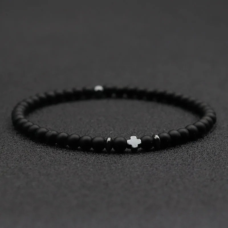 New Men Bracelet Stone Natural Hematite Cross Rice Bead Brazalet Boyfriend Gift