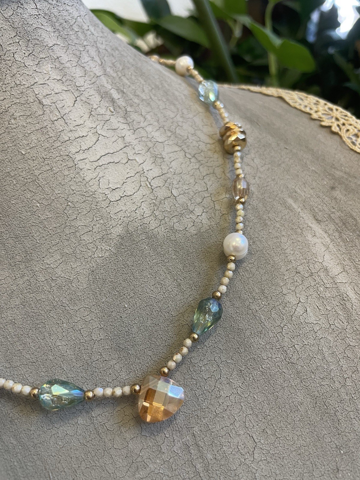 Multicolor Crystal & Pearl Beaded Necklace w/ Czech Glass Picasso Seed Beads