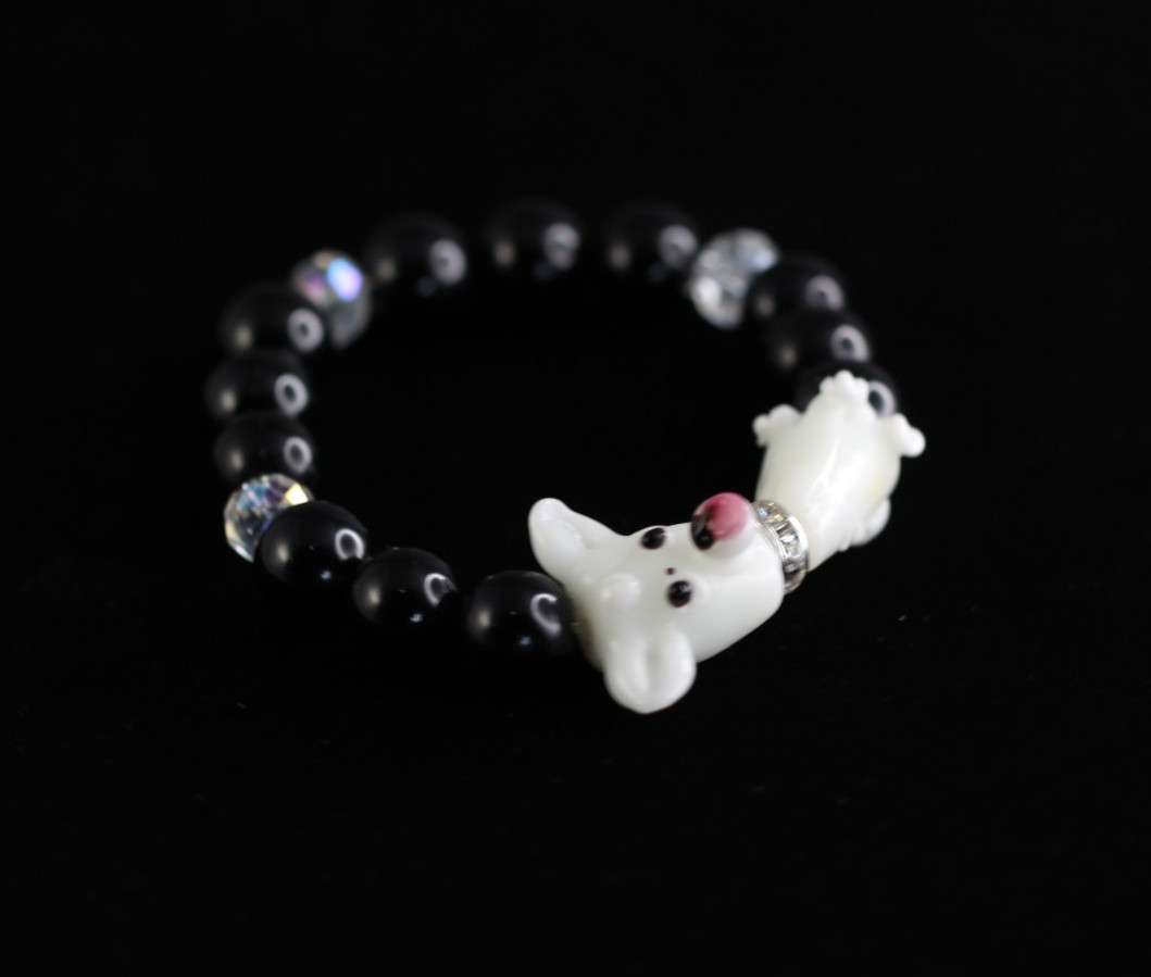 Dog Bracelet White Lampwork 6 inch Elastic Glass Beads Black Onyx and Crystal