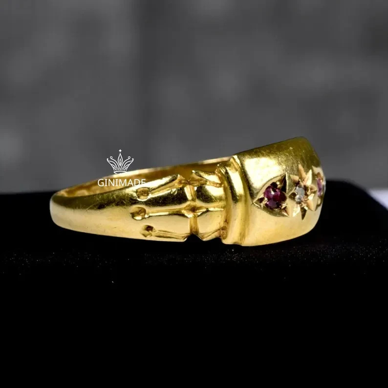 Victorian Starburst Pinky Ring CZ Diamond Ruby Gold Tone