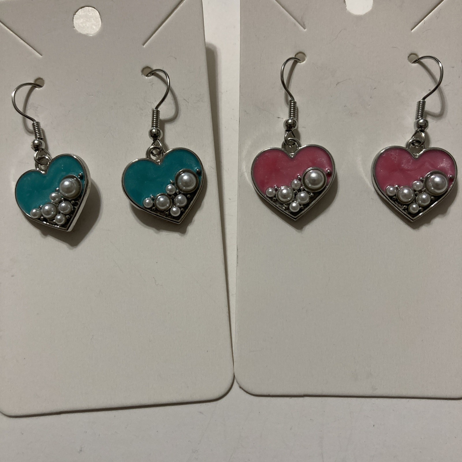 New Buyer’s Choice Pink Blue Heart Earrings Pearls SilverTone Dangle Jewelry