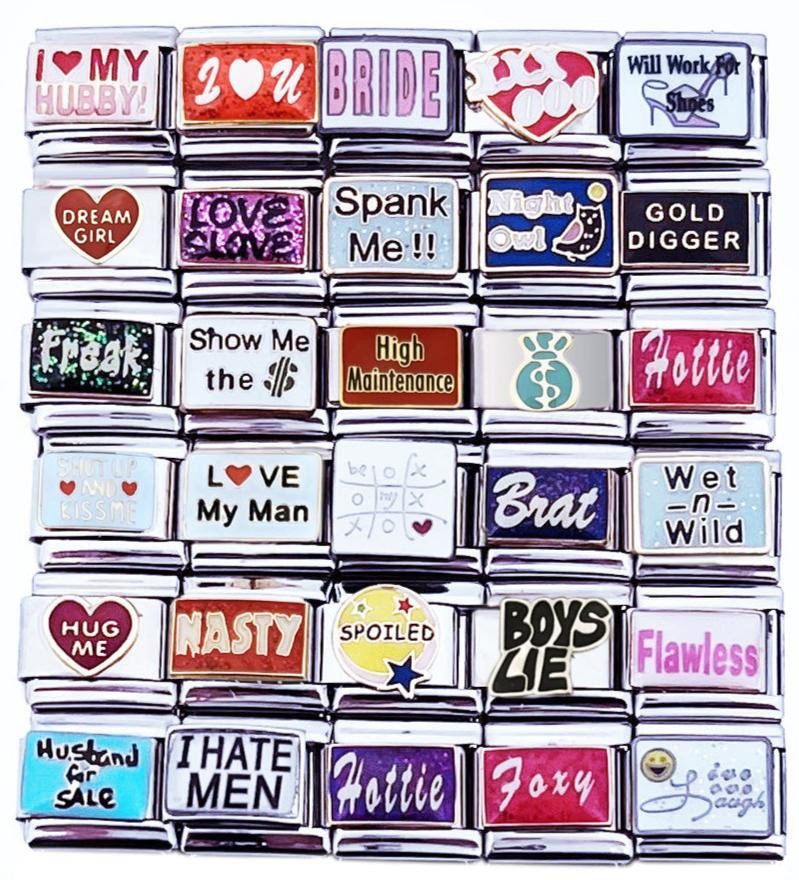 9mm Italian Charms Assorted Words And Sayings Sassy Love Glitter (Col #8)