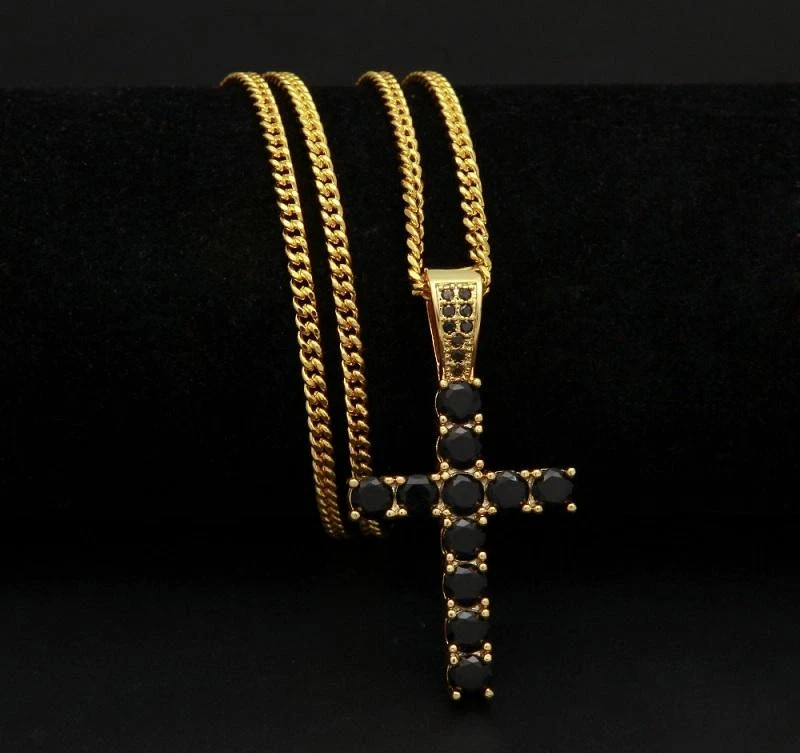 2Ct Round Simulated Black Diamond Cross Pendant Free 18″ Chain 14k Gold Plated