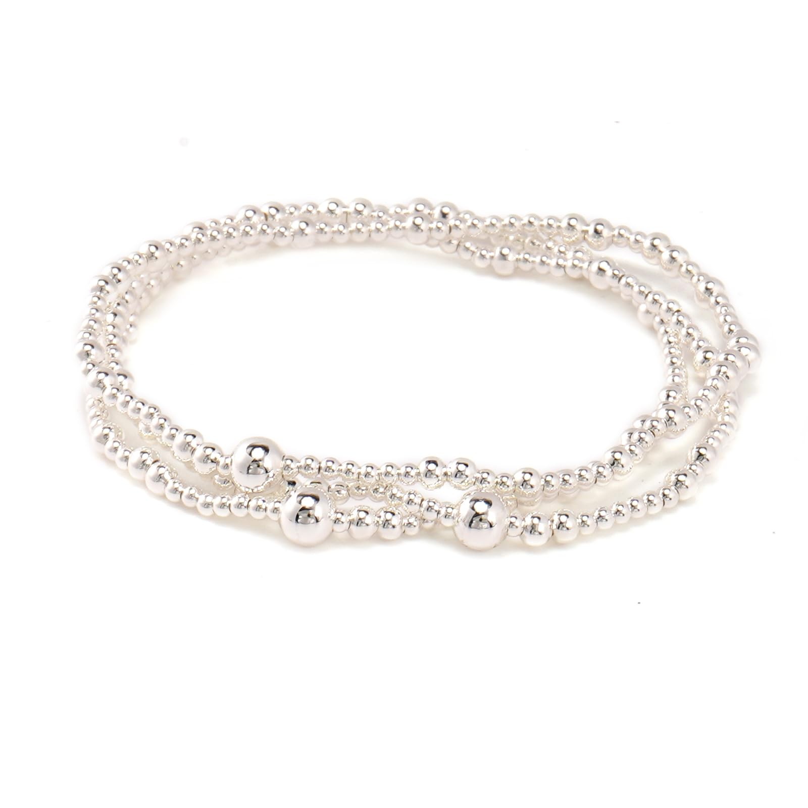 Silver Beaded Stretch Bracelet Set, 3PCS Stainless Steel Layered Jewelry for