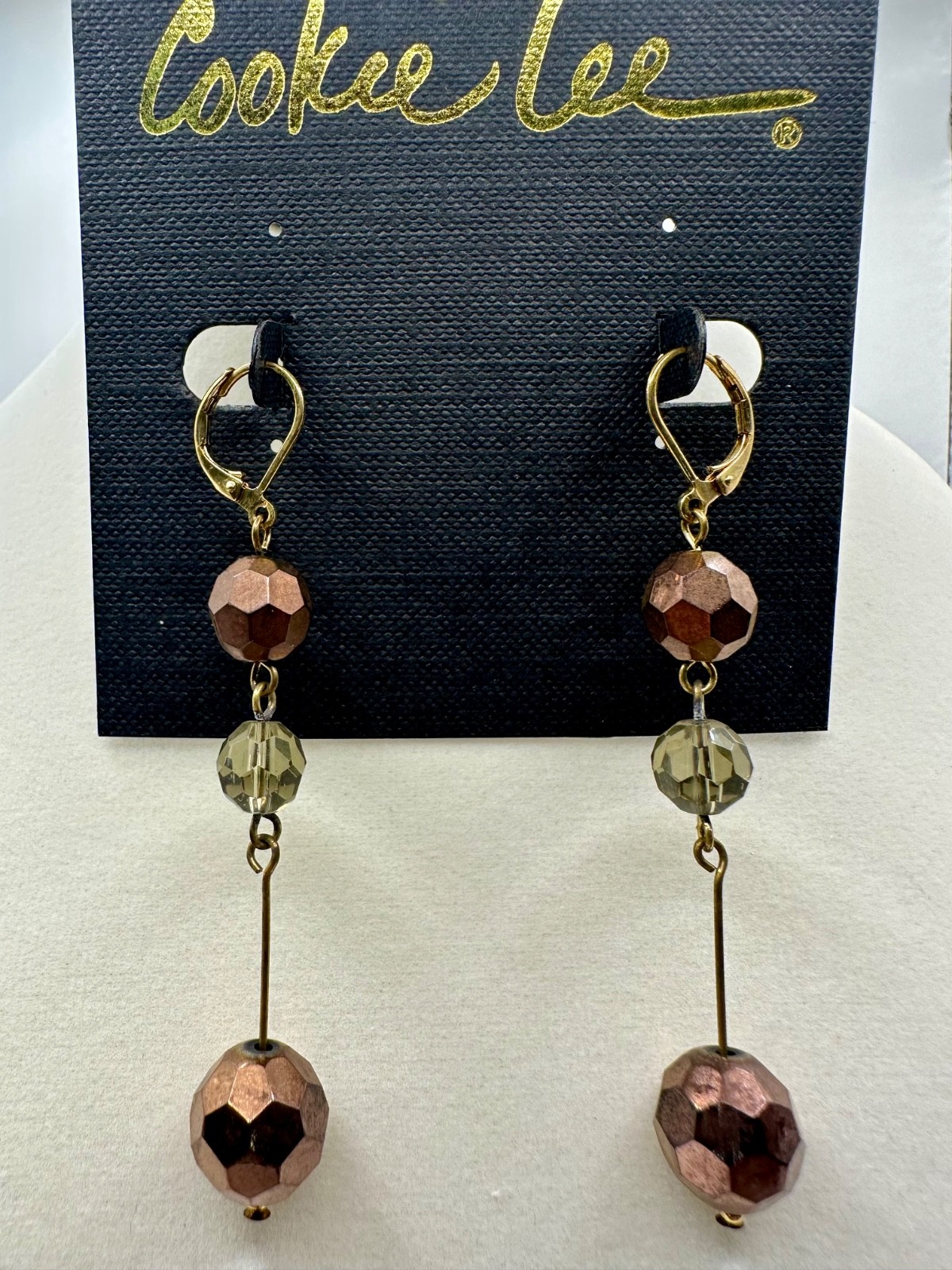 Cookie Lee Genuine Crystal Dangle Earrings Bronze Gold Tone Faceted Beads NWT