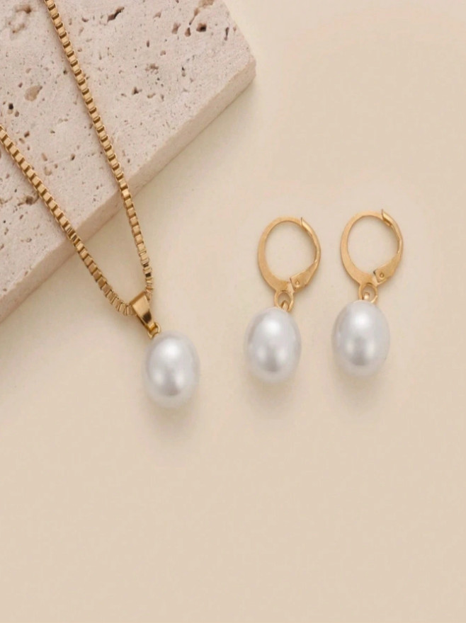 3 PCS Women Jewelry Set White Pearl İmitation Minimalist Necklace Earrings Gift