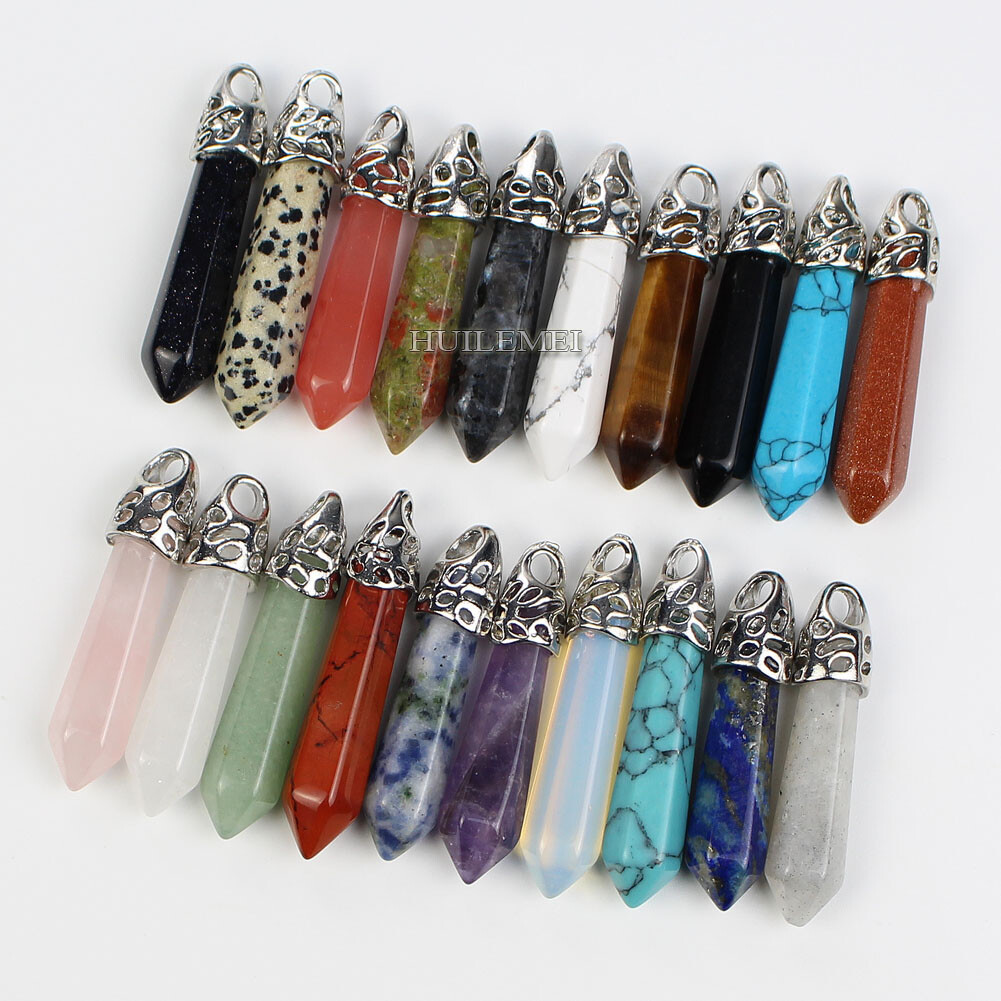 20pcs Mixed Natural Stone Gems Hexagonal Pointed Pendants Healing Crystal Quartz