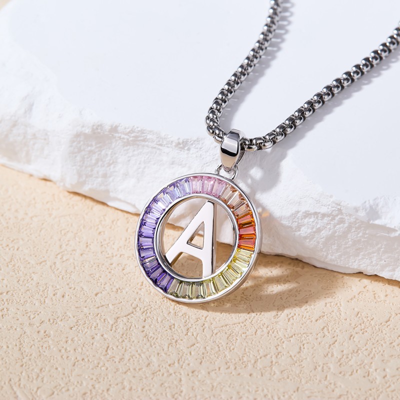 Initial Letter A-Z Necklace 24“ Chain CZ Cubic Zirconia Stone 925 Silver Pendant