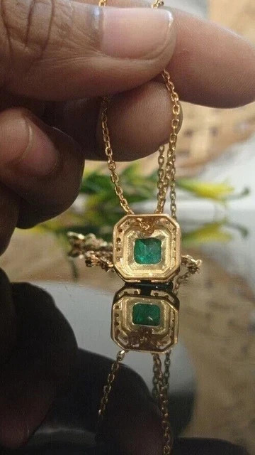 Simulated Green Emerald 3Ct Asscher Cut Halo Pendant 14k Yellow Gold Plated