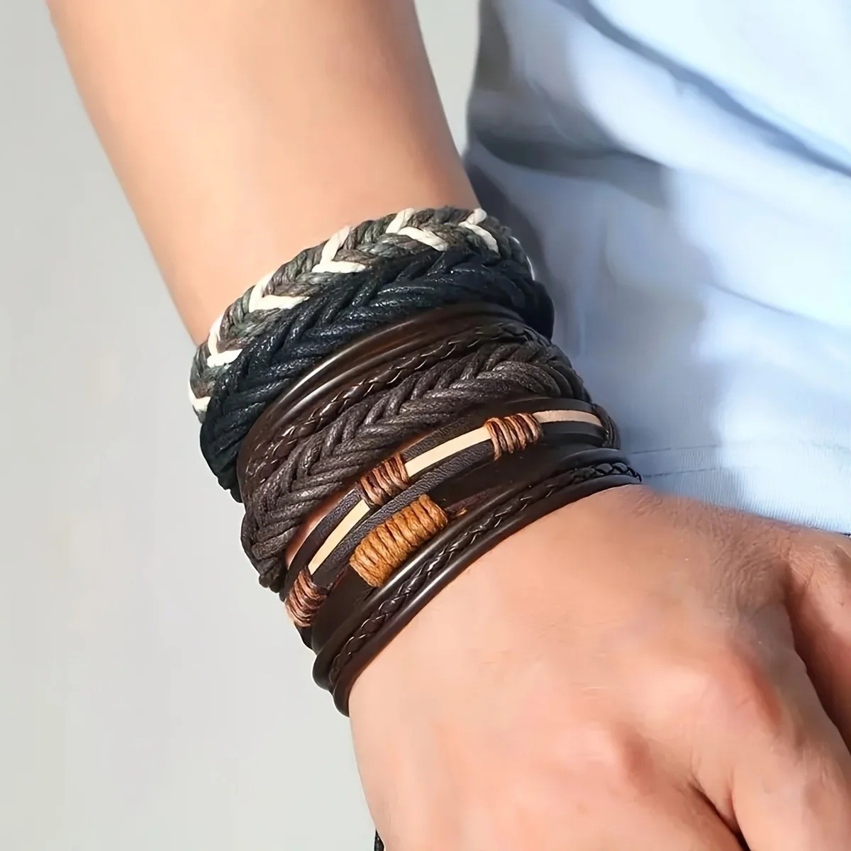 20pcs Braided Leather Bracelets, Wrap Cuff with Wood Beads Hemp for Men & Women