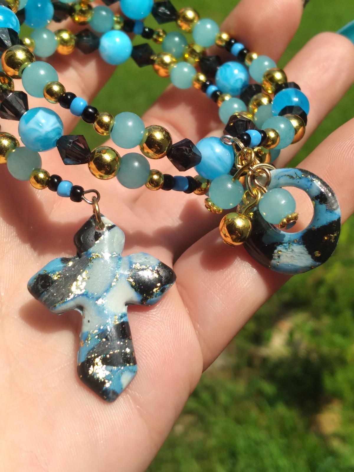 Handcrafted Artisan Blue Black Beaded Memory Wire Bracelet Polymer Clay Cross