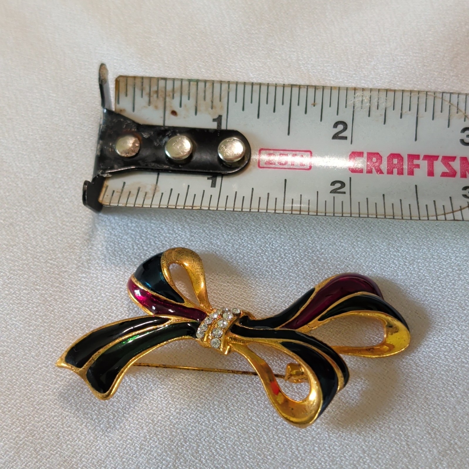 Gold Tone Enamel Bow Brooch w/ Rhinestone Center, Black Red Blue Green