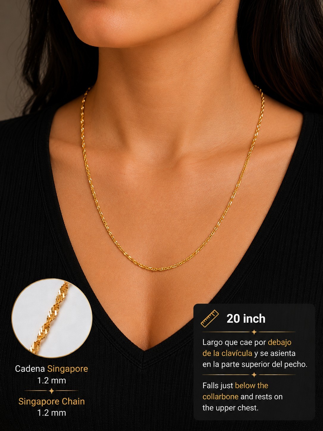 10K Solid Gold Singapore Necklace 20 Inch-Cadena Singapore Oro Solido 10k 50cm