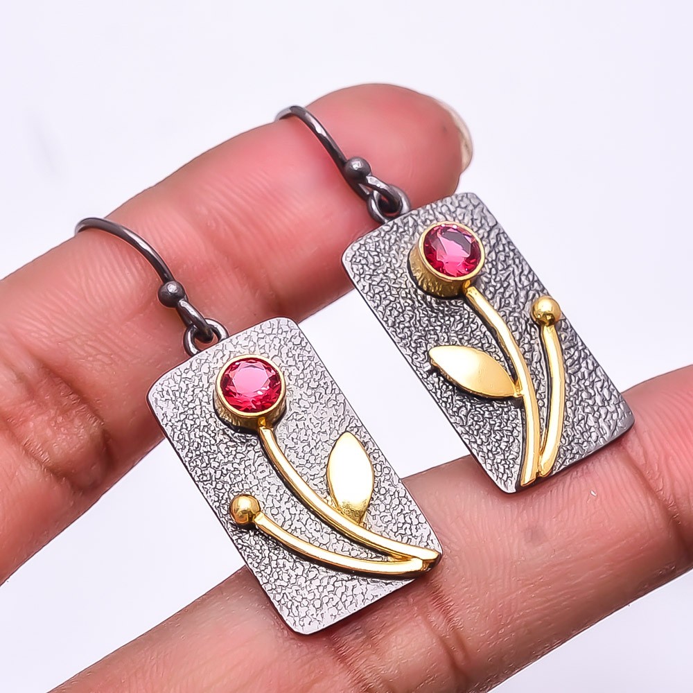 Pink Tourmaline Gemstone 925 Silver Black&Gold Plated Earring 1.56″ E_270_12