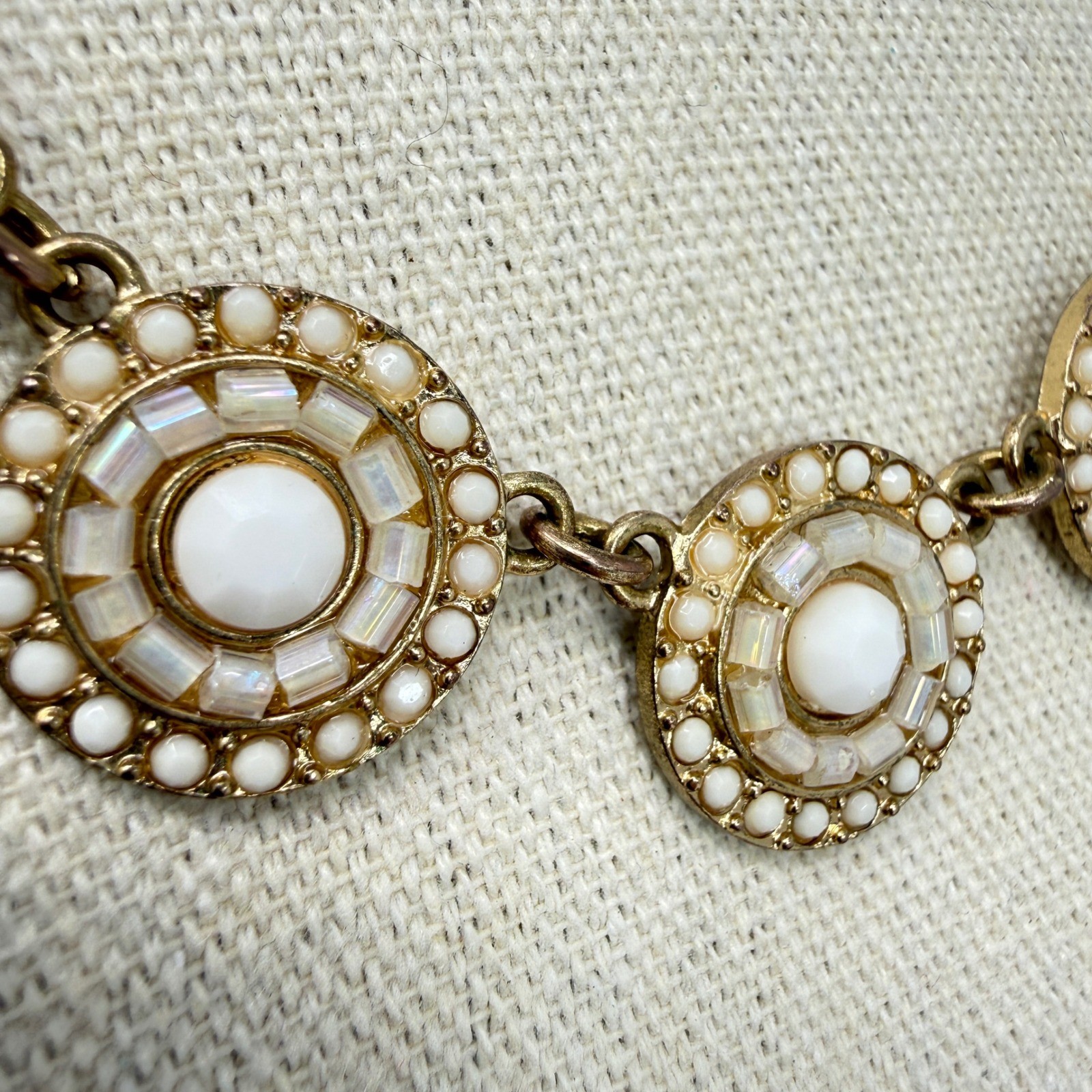 Iridescent Medallion Necklace Statement Bib Gold Tone White Cabochon