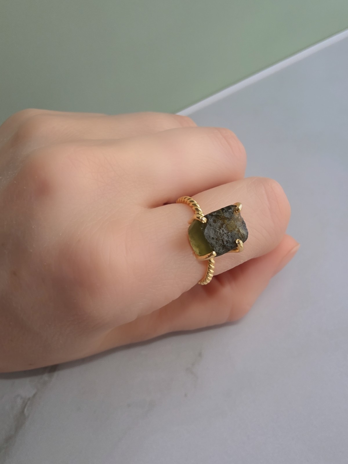 Natural Moldavite Ring 14K Gold Plated 925 Silver Adjustable Gift for Her