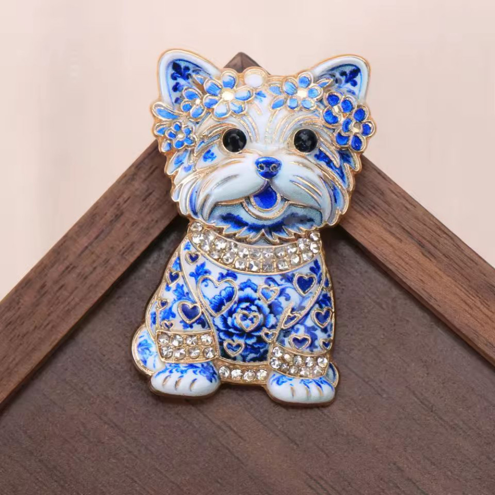 Blue White Porcelain Pattern Dog Brooch Vintage Crystal Enamel Animal Lapel Pin