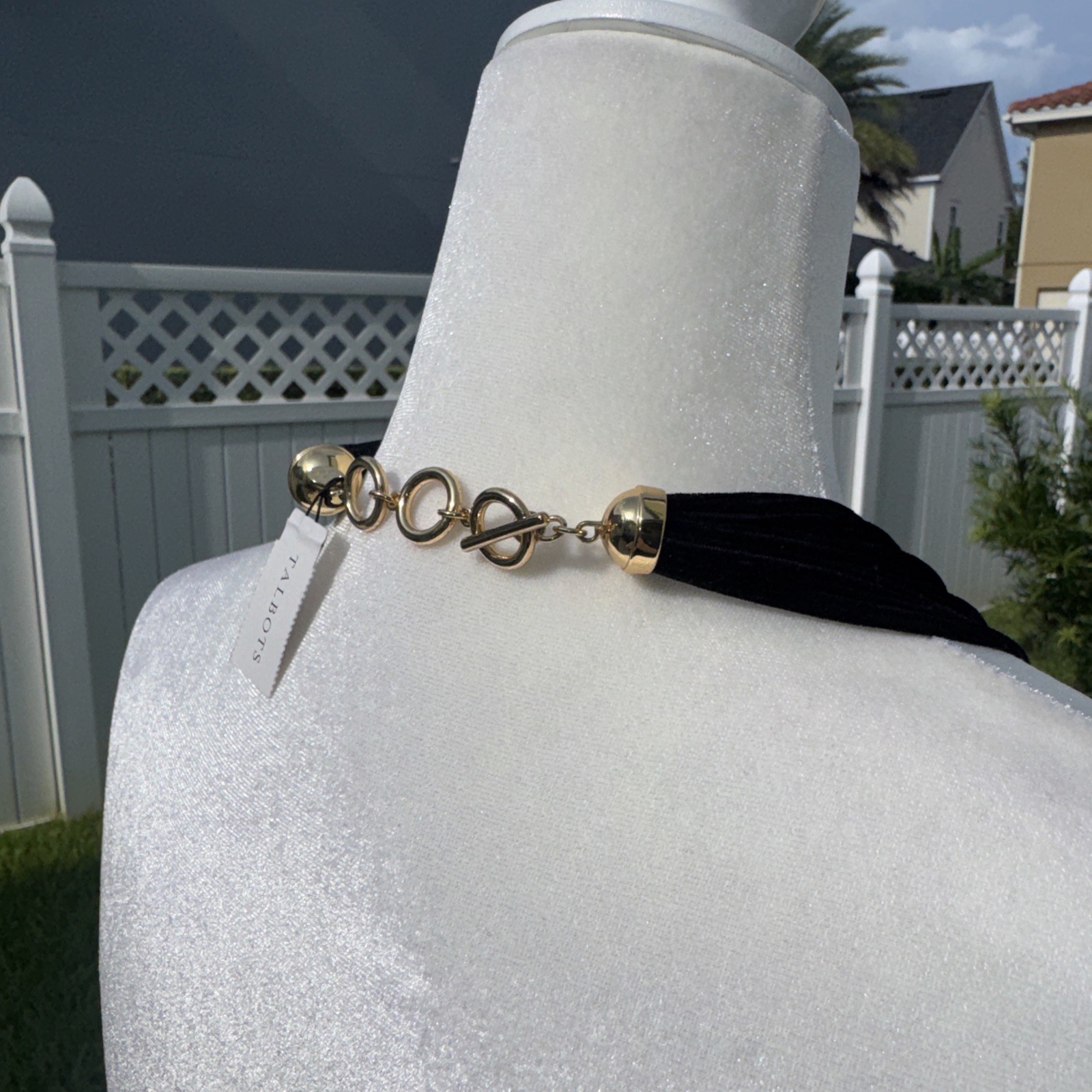 Talbots Black Velvet Gold Tone Faux Pearl CZ Beaded Cluster Necklace 21″ NWT