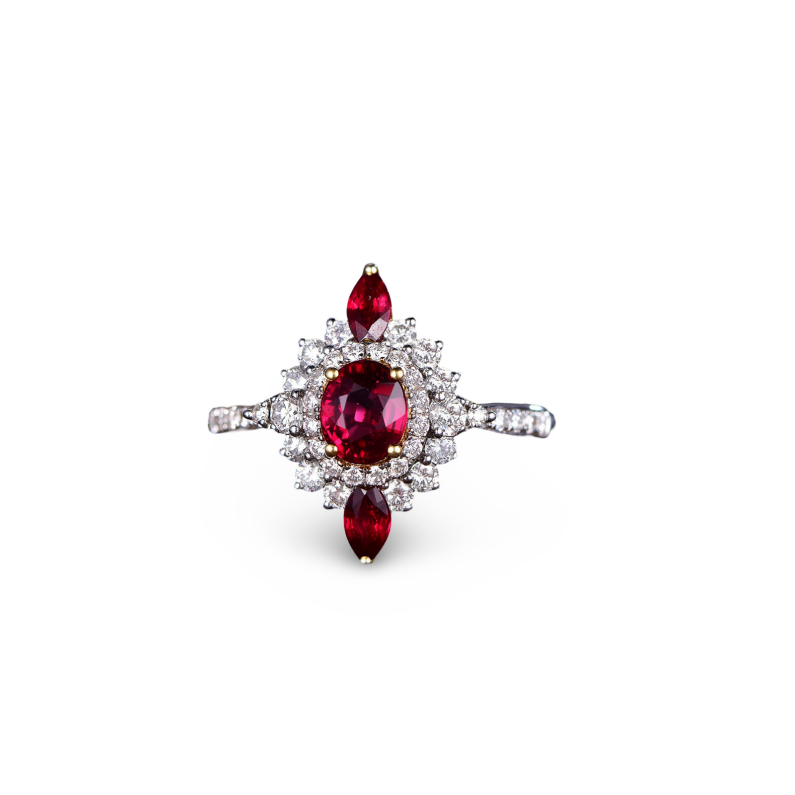 Natural Oval Ruby and CZ Halo Ring, Sterling Silver Statement Band