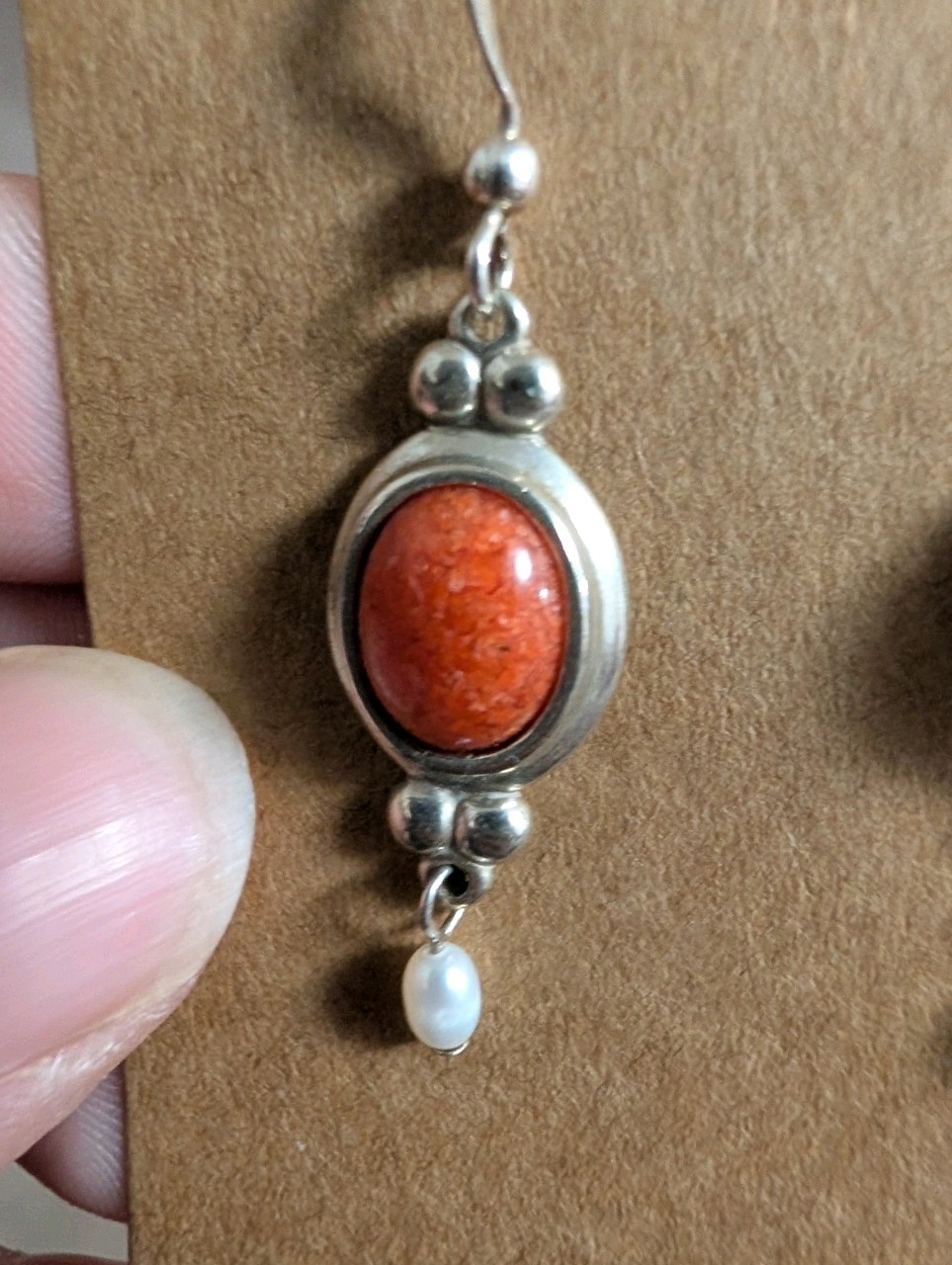 925 Silver Dangle Earrings Oval Orange Coral Cabochon Bezel Pearl French Wire
