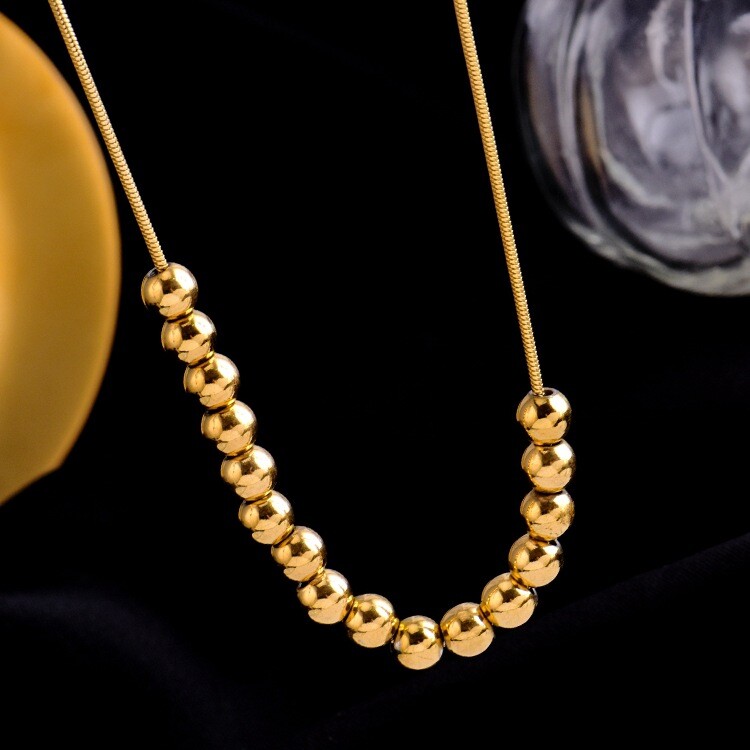 Woman 18K Gold Plated Stainless Steel Glossy Bead Bean Snake Chain Necklace 19”