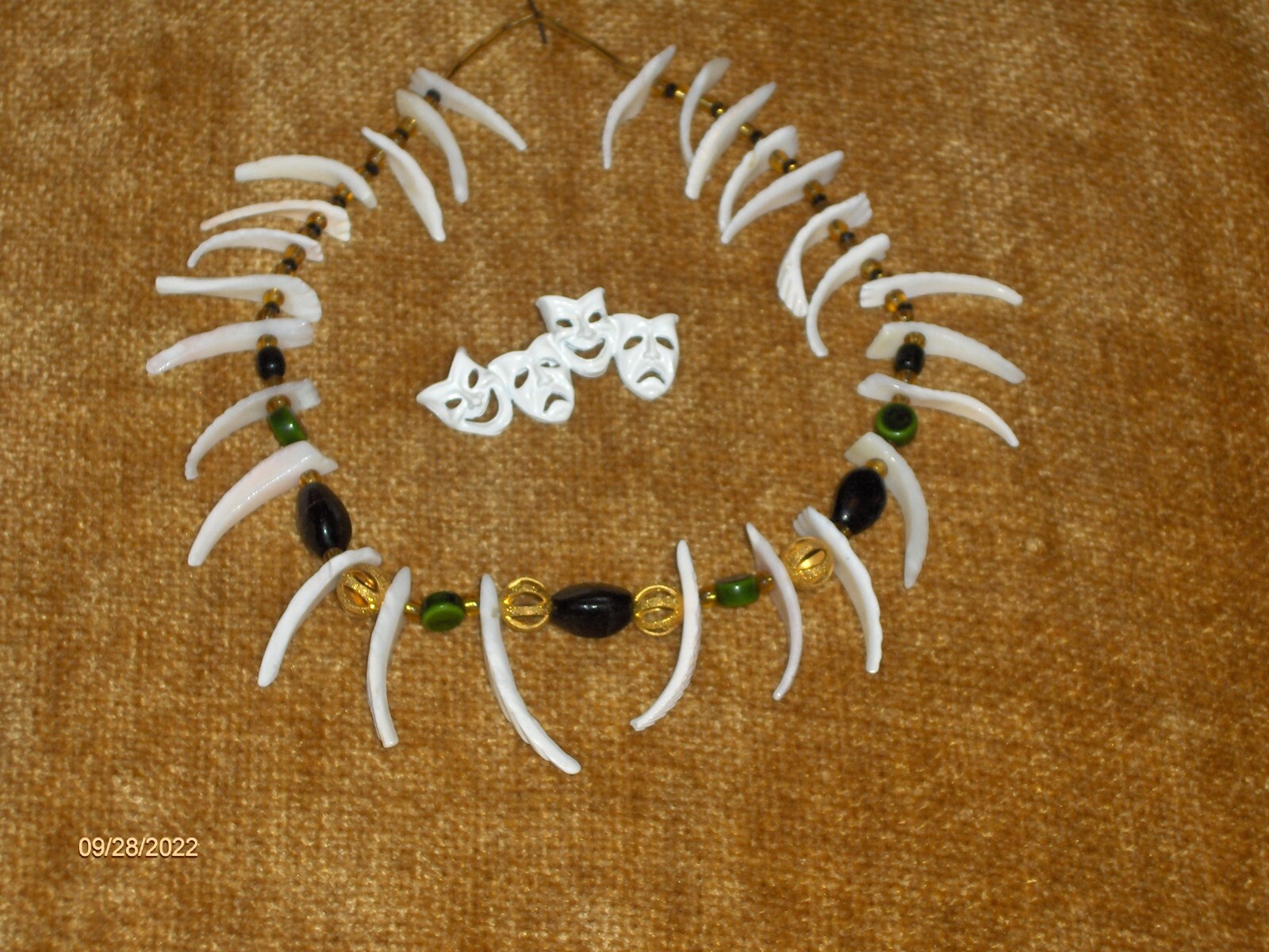 Costume Jewelry – Abalone Shell Necklace & Mask Pin. Buyer Pays Return Ship Cost
